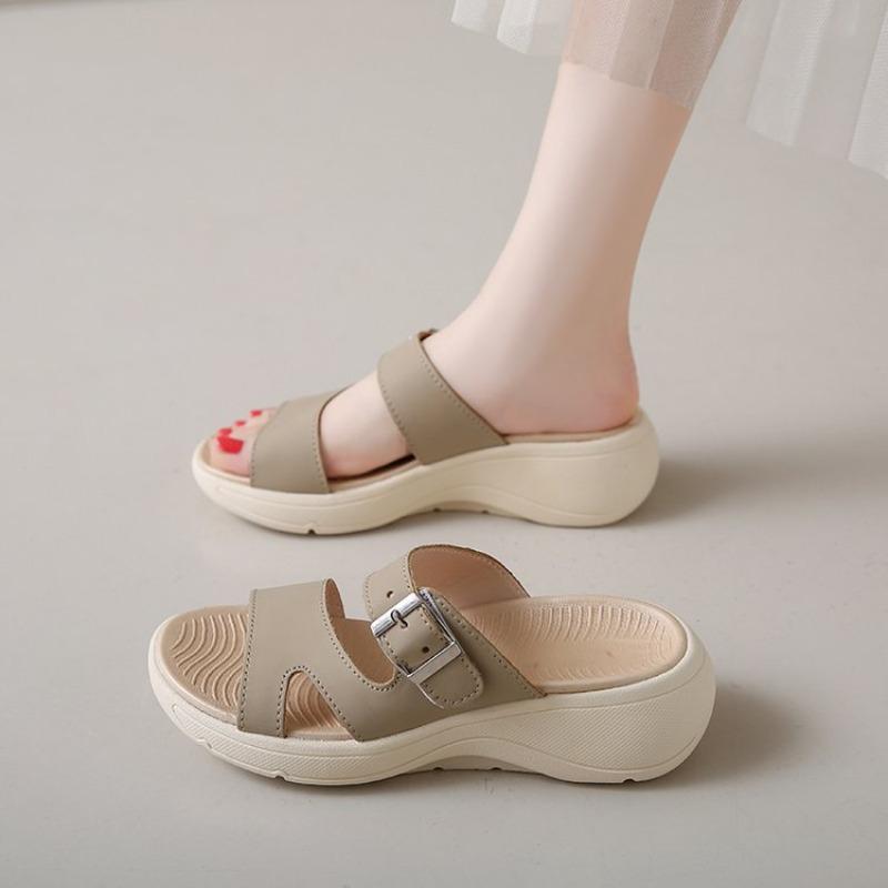 Thick-soled Slippers Women's Summer Simple Round Head Outer Wear Belt Buckle Slope Heel Sandals Casual Soft Bottom One-word