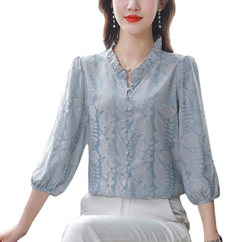 Women's Satin Three-Quarter Sleeve Ruffled V-Neck Top - French Style, Spring Collection, Flattering Fit