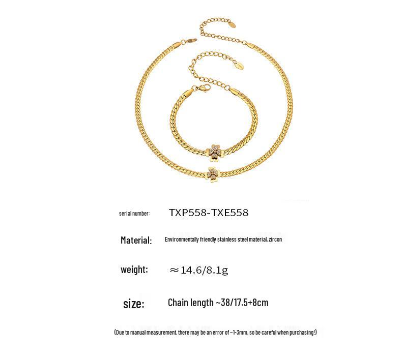Stylish European & American Double Layer Zirconia Flower Necklace & Stainless Steel Bracelet Jewelry Set for Women
