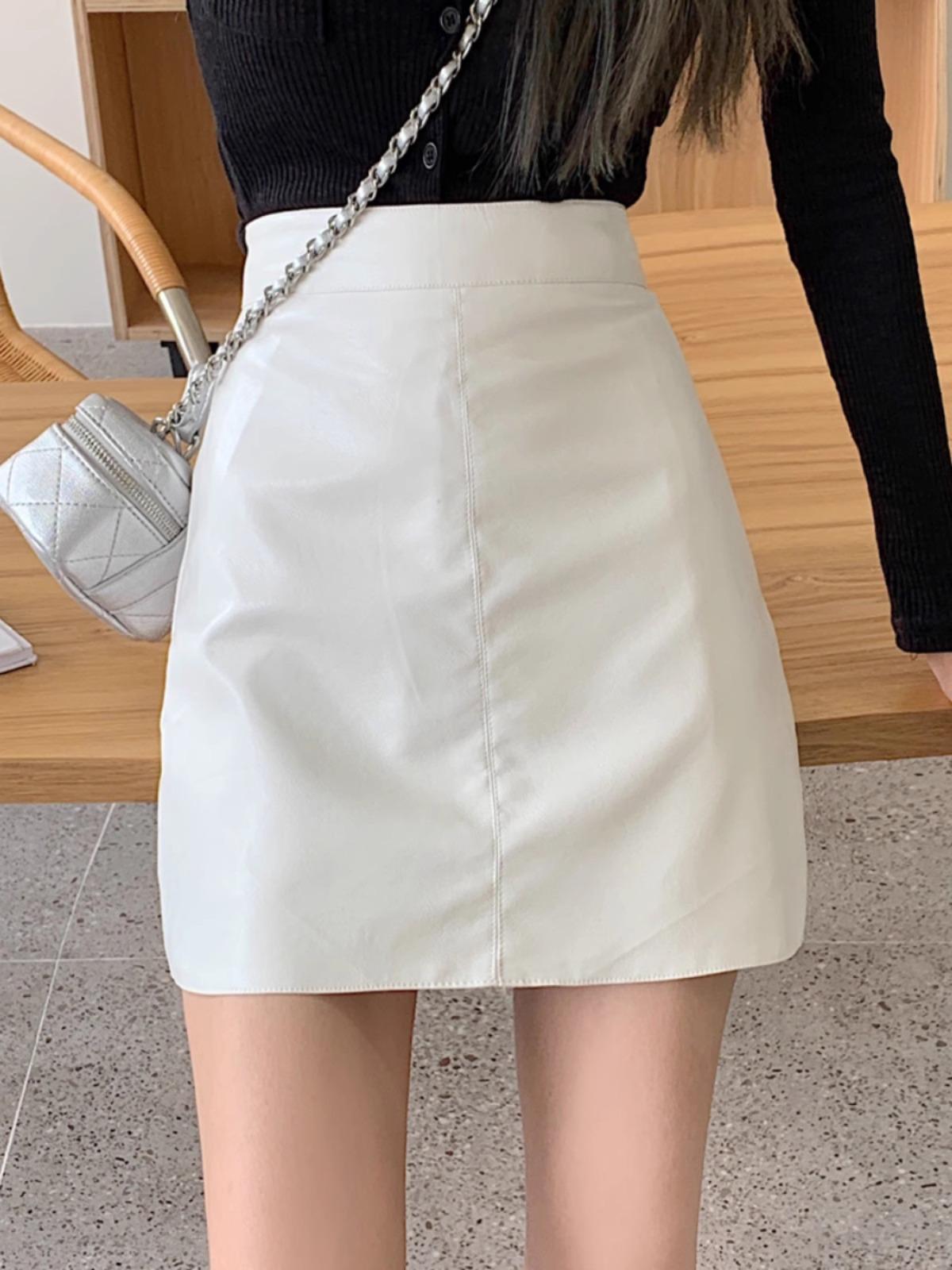 

Женская миди-юбка с высокой талией из черной ПУ кожи на осень/зиму 2025 - Приталенная, Повседневная, Маленький размер, Корейский стиль XL абрикосовый