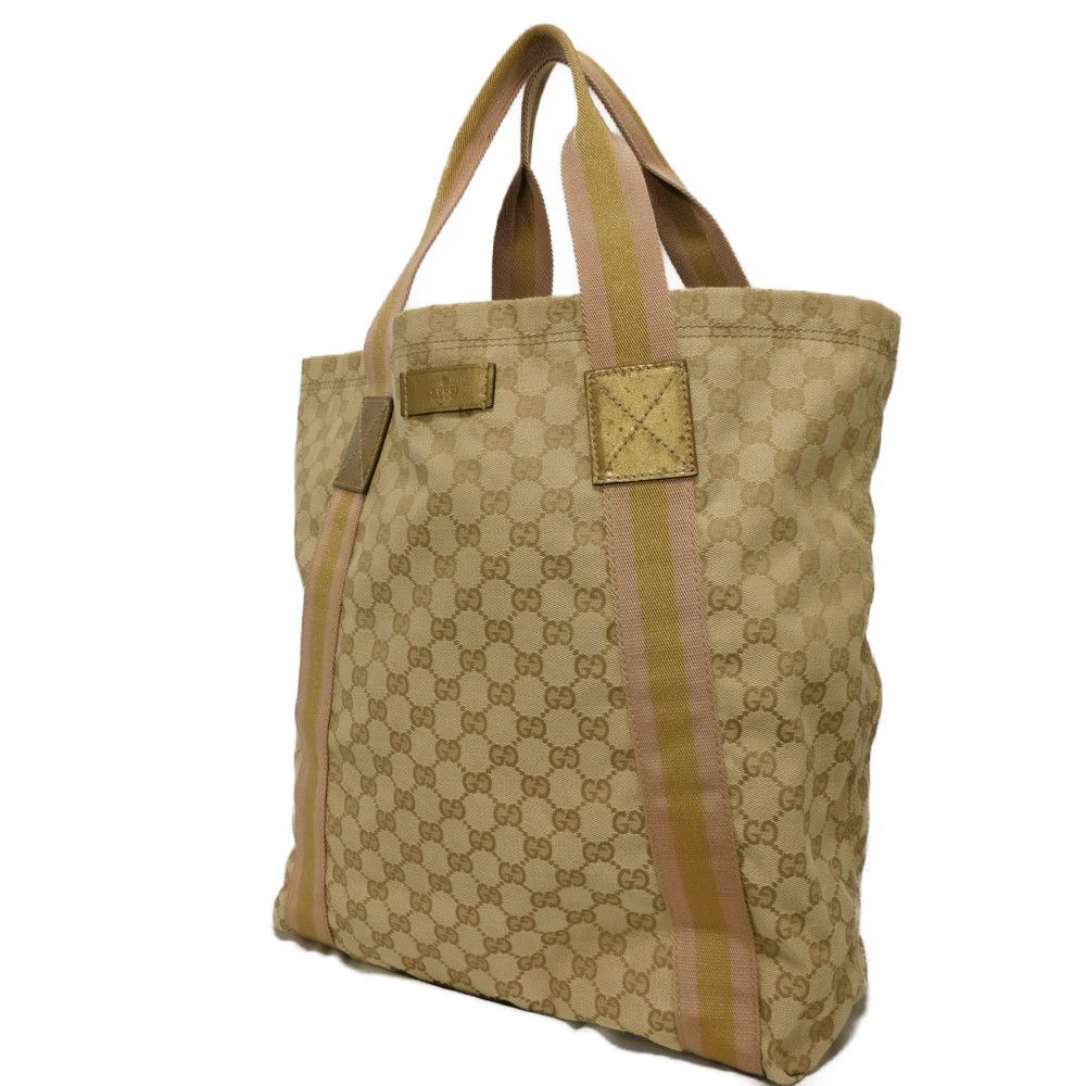 Used GG Canvas Tote Bag, Size 9539, 189669, 7924, A4 Cotton Calfskin, Light Pink Gold Logo Embossed, Beige, Women's