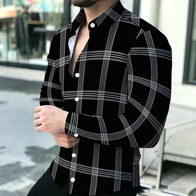 Men s Shirt Line Plaid Shirt Classic Plaid Print Slim Fit Long Sleeved Shirt Business Casual Long Sleeved Men s Shirt S