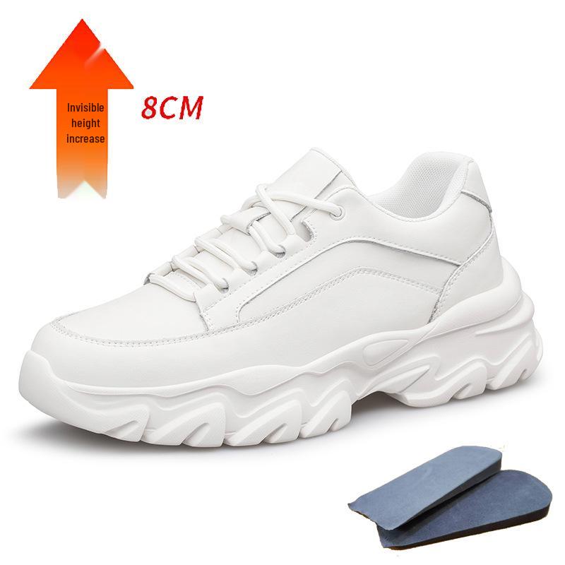 Men's Hidden Height Sports Casual Shoes - Spring Low-Top, Cowhide Upper, Thick Sole, White Running Board Shoes