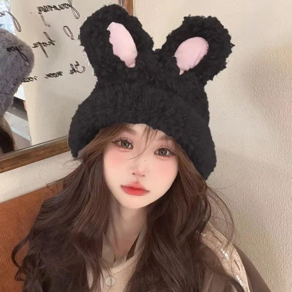 Solid Color Rabbit Ear Beanies Fluffy Winter Outdoor Warm Cap Fashionable Knitted Plush Hat Women