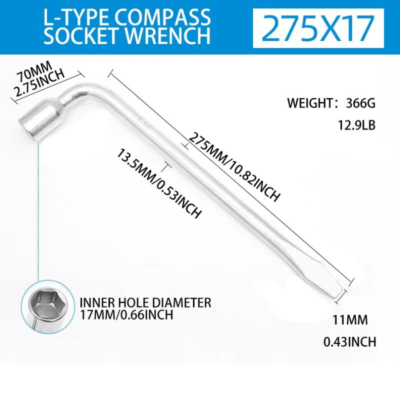 Car Spare Tire Lug Wrench - L type Hexagonal Head 17/19/21/24mm Slotted End Socket Repair Tool, Standard Tire Wrench
