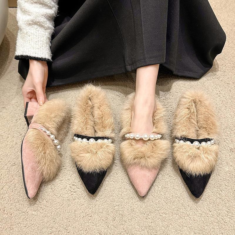 Women's Pointed and Shallow Cotton Shoes with Fluffy Shoes Outside, Winter New Thick Heels, Suede and Velvet High Heels for Women