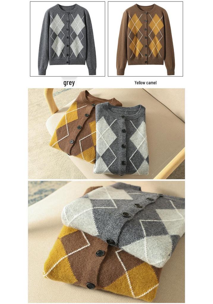 Women's Diamond Pattern Knit Cardigan - Autumn/Winter, 100% Wool, Loose Fit, Short Lazy Style