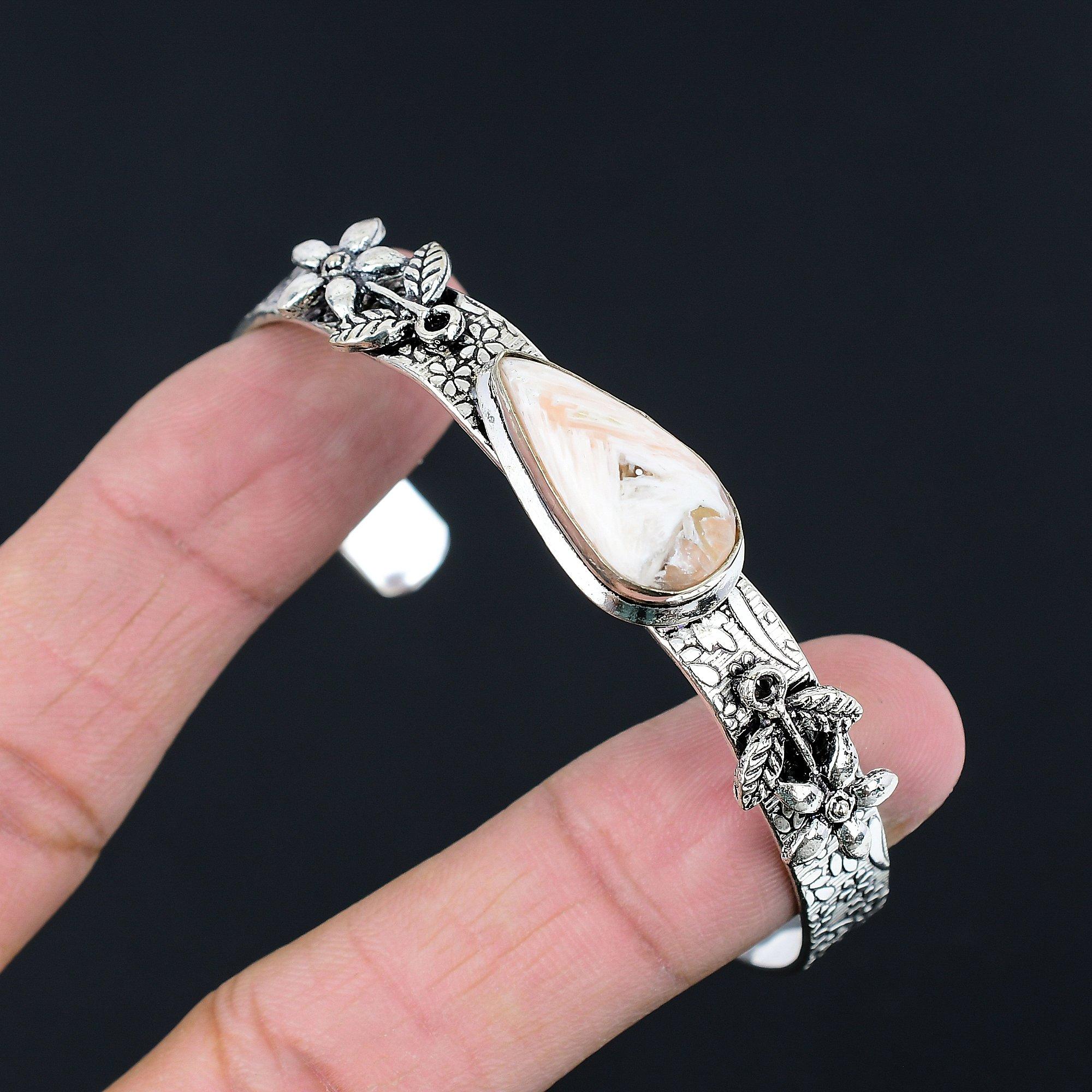 

925 Silver Scolecite Gemstone Flower Crown Chakra Sister Trendy Bangle Bracelet Adjustable