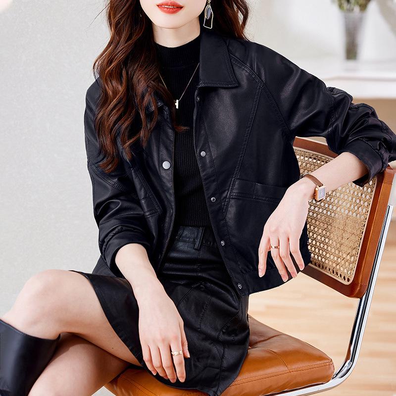 

2025 Autumn/Winter Women s Trendy Short Sheepskin Leather Jacket XXL чорний