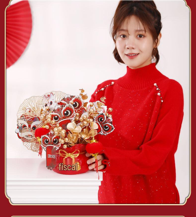 2025 Spring Festival New Year Fortune Bucket: Fu Character Ornament with Artificial Red Fruit and Flowers