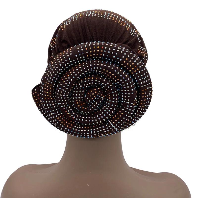 New Women Full Diamonds Donut Turban Cap Elastic Muslim Hijab Bonnet Hat Ladies Headband Turbans African India Caps