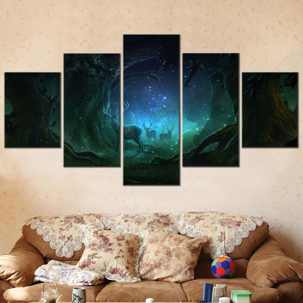 

5 Panel Modular Home Decoration Wall Art Canvas Painting Set Fantasy Night Deer Forest Picture Modern Bedroom Decor Posters 20X35 20X45 20X55cm