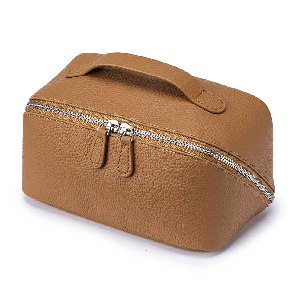 Leather Portable Makeup Bag, Large-capacity Simple Style Hand-held Toiletry Bag, Genuine Leather Travel Storage Bag