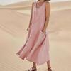 Cotton Linen Blend Summer Sleeveless Pocket Dress European American Style 19 Colors