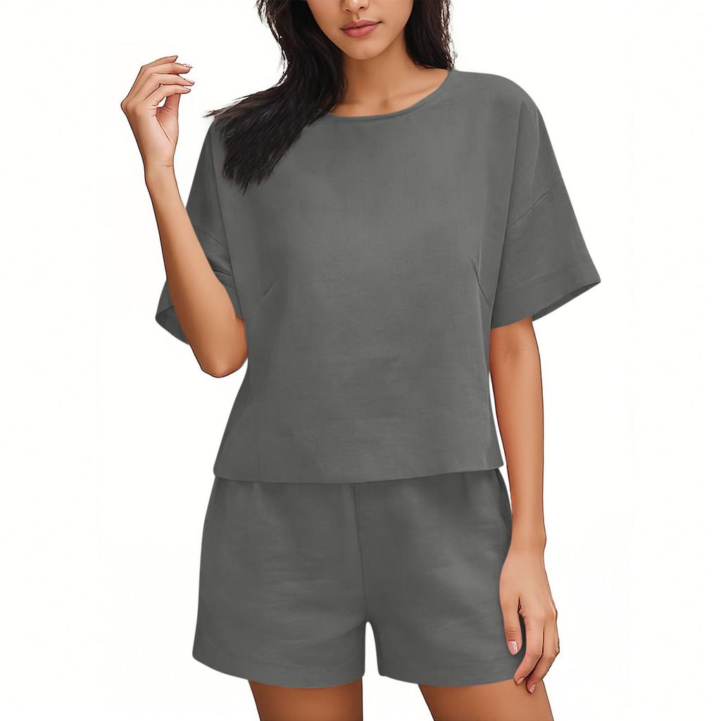 Fashionable Women's Color Casual Round Neck Loose Summer Shorts Top Set