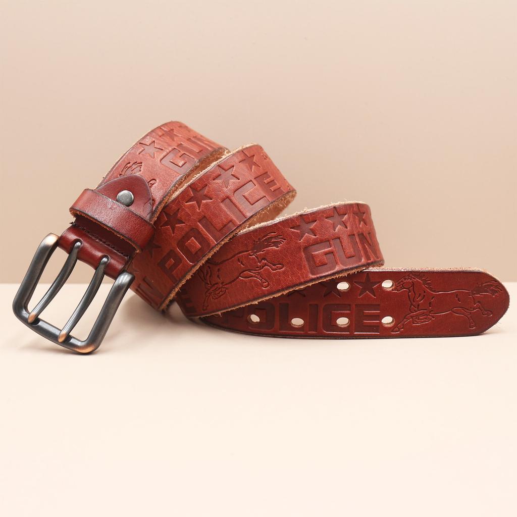 Men's Belt Genuine Leather Belt Double-pin Buckle Layer Cowhide Retro Youth Belt