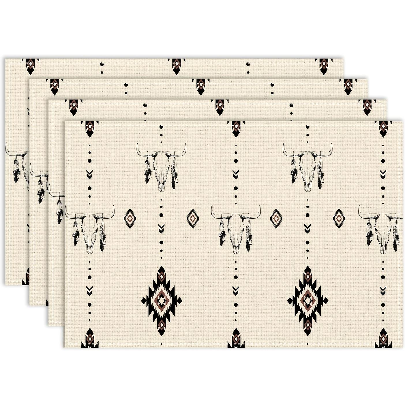 

4pcs Western Bull Skull Placemats – Rustic Aztec Tribal Design, Beige with Black Geometric Patterns, for Kitchen or Party Decor 30x45cm-4PC