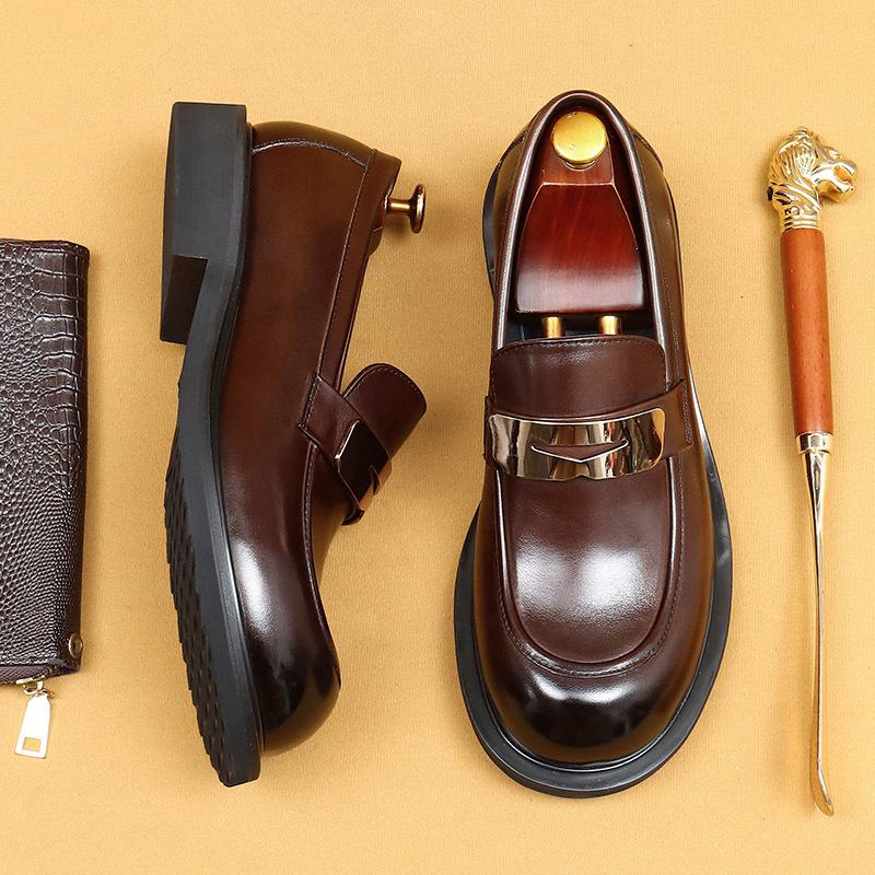 Casual Leather Shoes One-Pedal Loafers Genuine Leather British Retro Big Head Business Dress Shoes