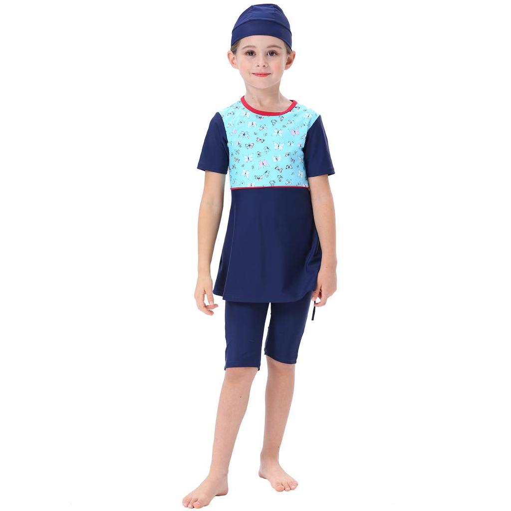 Girls' Short Sleeve Conservative Belly-Covering Swimsuit for Southeast Asian Children