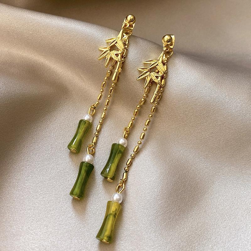 Olive Green Tassel Bamboo Earrings: Women's Chinese Style, Qipao-Inspired Leaf Ear Cuffs