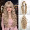 Light Blonde Long Curly Wig 32 Inch Straight Bangs Water Wave Voluminous Heat Resistant Synthetic Full Cap Wig for Women