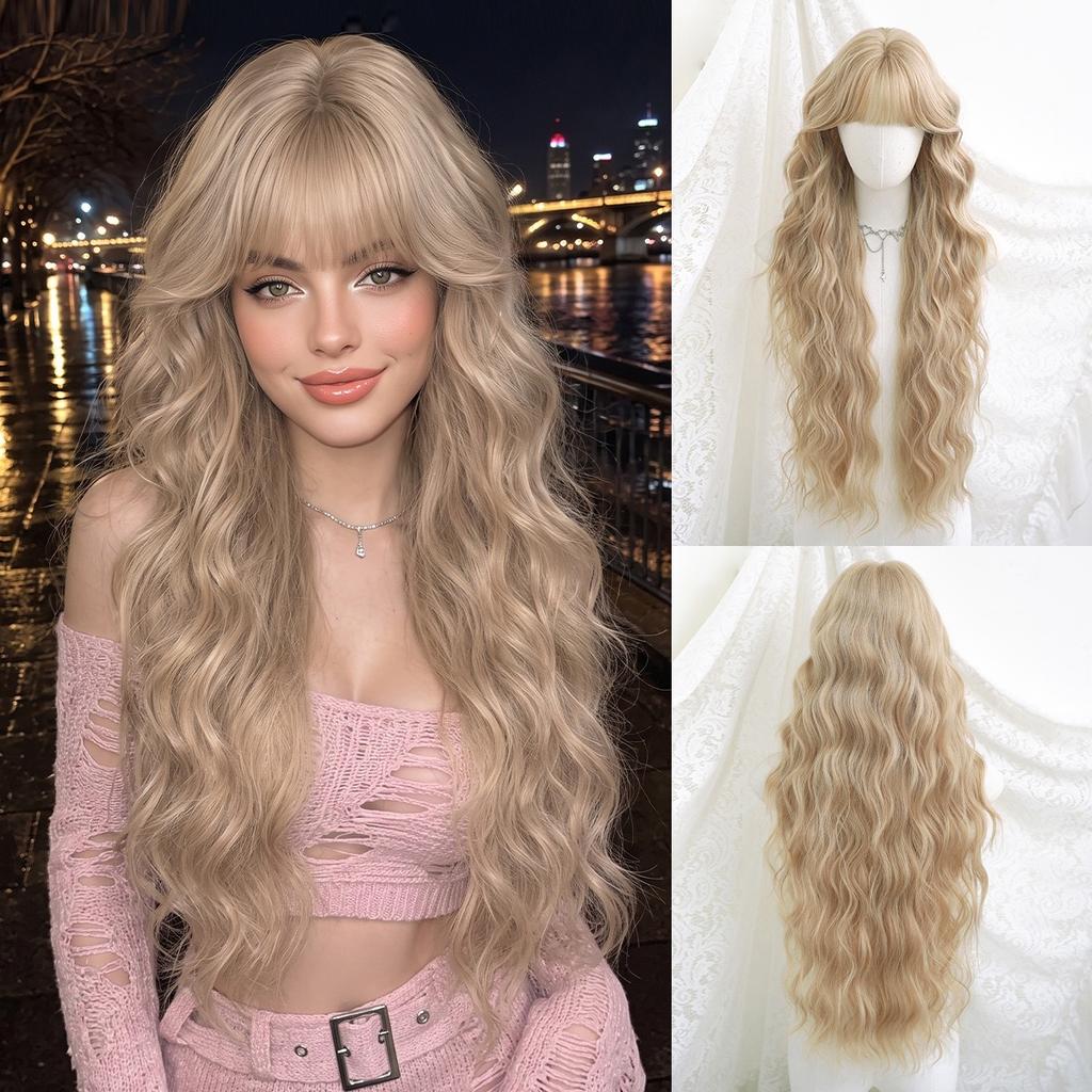 Light Blonde Long Curly Wig 32 Inch Straight Bangs Water Wave Voluminous Heat Resistant Synthetic Full Cap Wig for Women