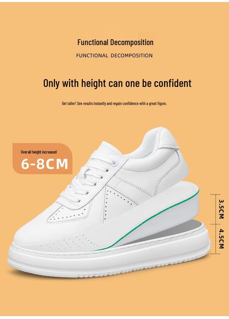 Men's 8CM Height-Increasing White Skate Shoes - Thick Sole, Lightweight, Versatile Lace-Up Casual Sneakers In Large Sizes