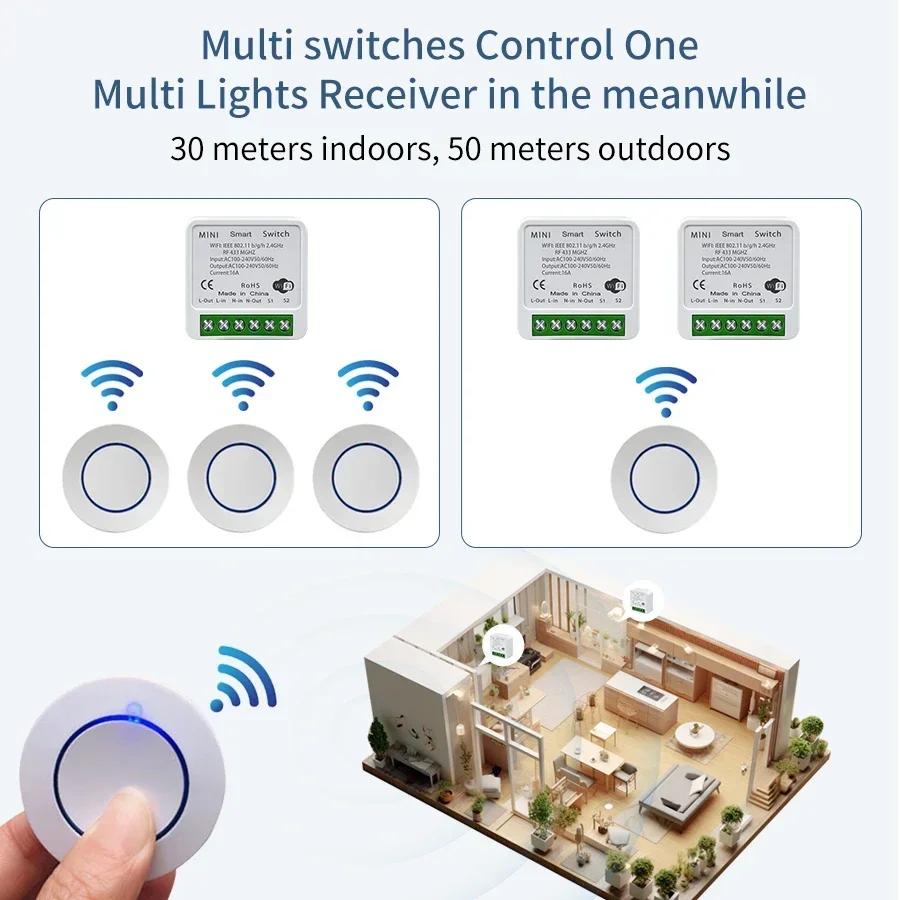 Smart Tuya WiFi Switch 16A Receiver Relay RF 433Mhz Wireless Round Button Remote Smart Life APP Voice Control Alexa Google Home
