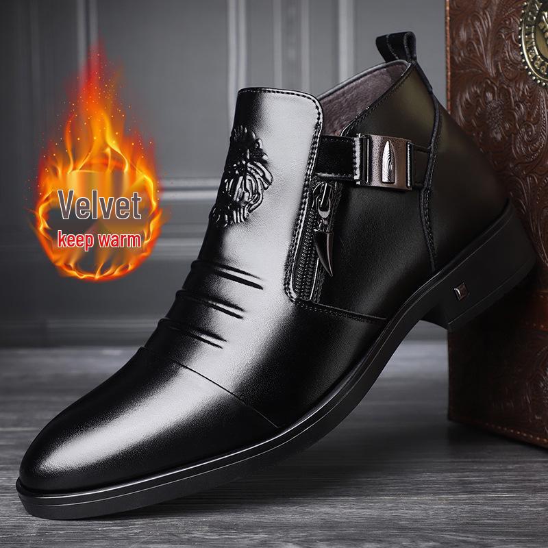 2024 Men's High-Top Martin Boots: Autumn/Winter Fleece-Lined Leather Shoes with Side Zipper