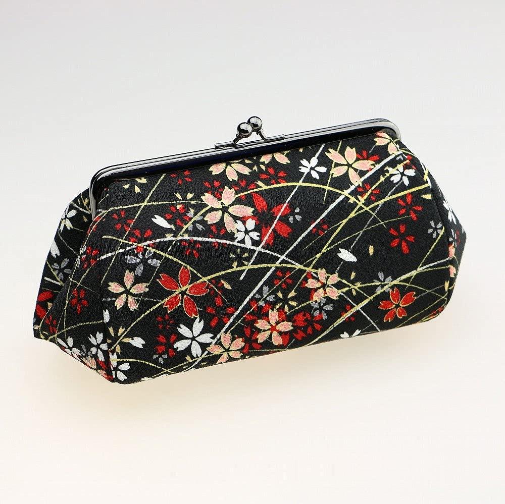 Watona Chirimen Cosmetic Width Cherry Pouch, 18cm-21.5cm [Large, 5.5 Sun] (23, Blossom, Black)