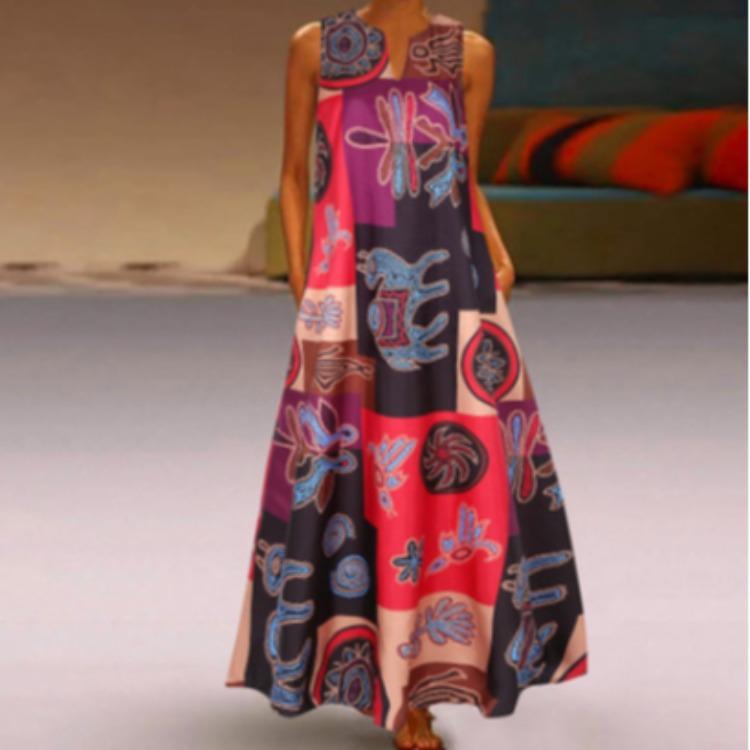 Summer V-Neck Sleeveless Dress with Pockets Vintage Print Color Block Design Comfortable Breathable Lightweight Slimming Flattering Fit for Women