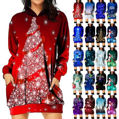 Damenmode-Oberteil mit weihnachtlichem Aufdruck und Kapuze, langärmelig, mittellang, Taschen
