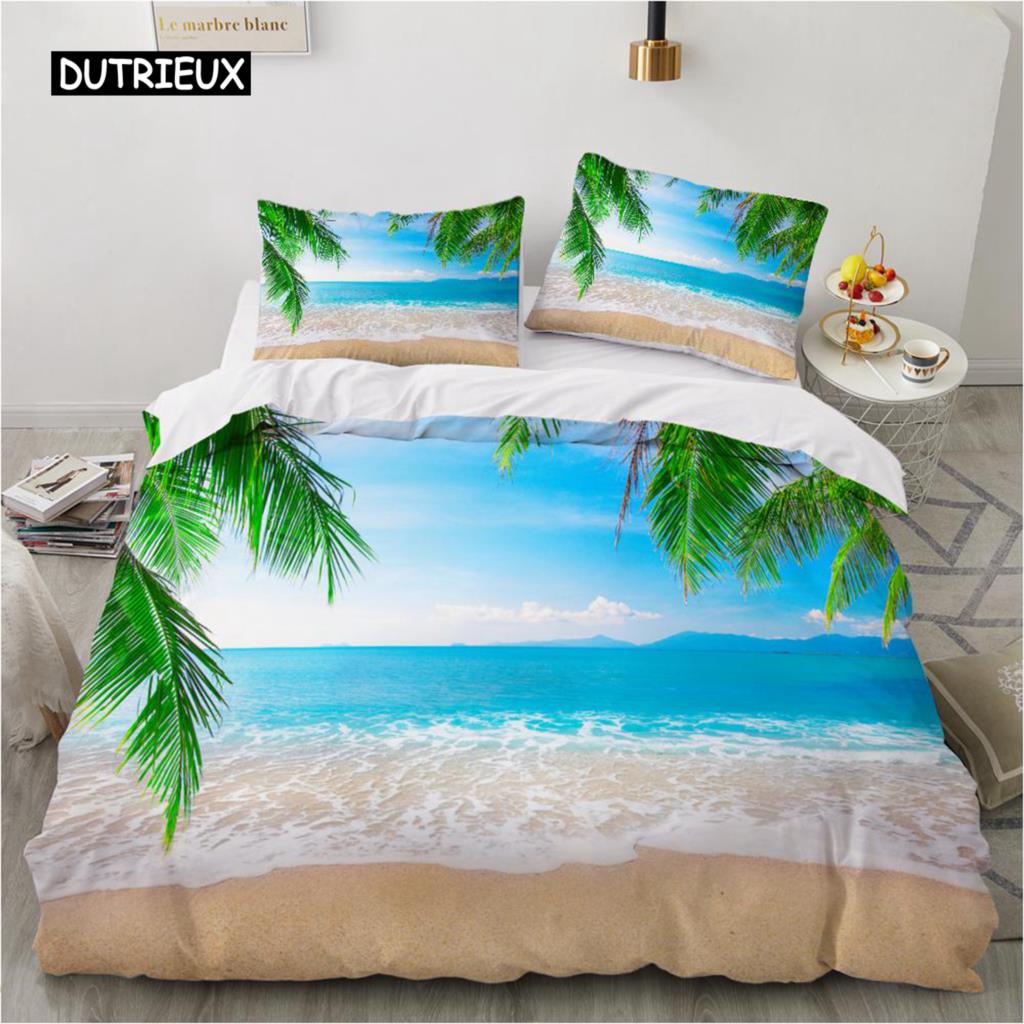 Ocean Bettbezug-Set King Size Polyester Tropischer Ozean-Stil Sandstrand und Meer mit Wellen Flucht ins Paradies Thema Bettwäsche-Set