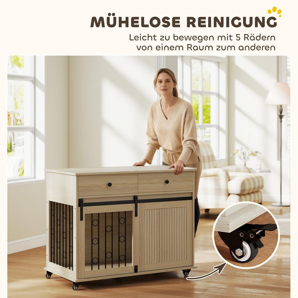Dog Crate on Wheels, 2 Doors, 2 Drawers, for Medium and Large Dogs, Wood, Steel