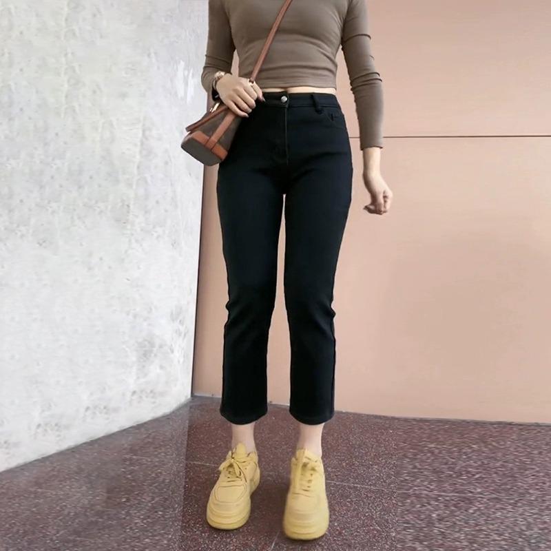

Women s Black Faux Denim High-Waist Slim Straight-Leg Pants - Autumn/Winter Velvet-Lined, Elastic Casual Trendy Base Layer. 3XL