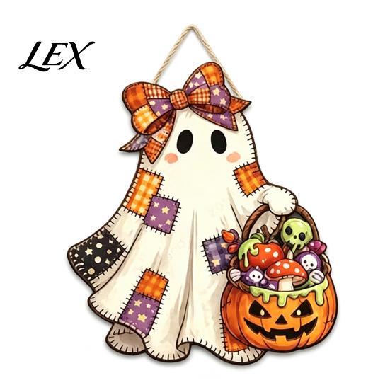 Home Wall Embellishment Halloween Cute Bow Ghost Door Sign, Wooden Patchwork Hanging Plaque with Pumpkin Candy Basket, Sign Retro Pendant Lanyard for