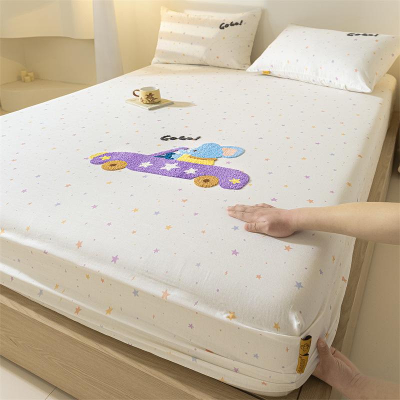 100% Cotton Cartoon Towel Embroidered Fitted Sheet A-Class Single Bed Cover For All Seasons Anti-Slip Mattress Protective Cover