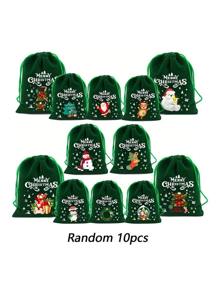 

10 шт. Оксамитові мішечки з написом «З Різдвом Христовим» зелені з куліскою мішечок для цукерок подарунковий мішечок мішечки для пакування ювелірних виробів різдвяні новорічні товари для вечірок 9cm x 12cm&Other