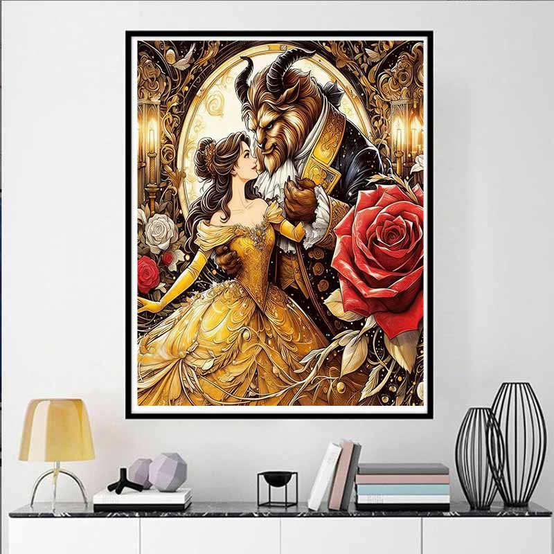 Disney 5D DIY Diamond Painting, Beauty and The Beast Art Illustration Full Round Diamond Mosaic Cartoon Cross Stitch Art Painting Home Decoration