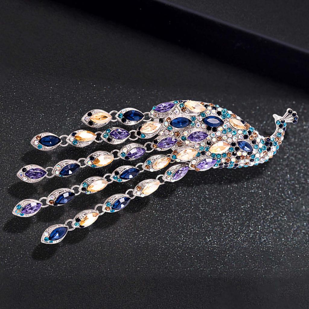 Elegant Long Tail Crystal Peacock Brooch Party Jewelry Elegant Corsage Pin Alloy Texture Perfect for Wedding and Evening