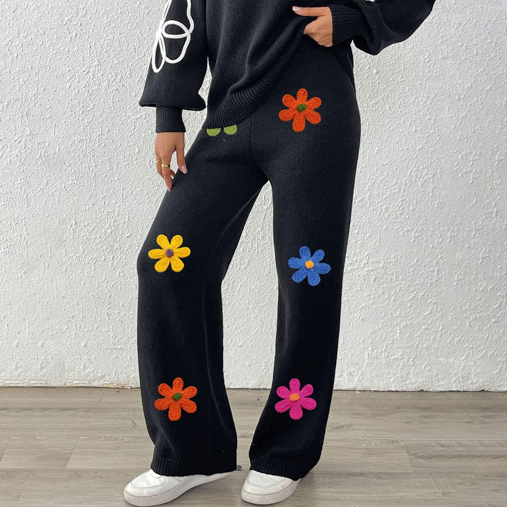 Women's Casual Embroidered Floral Patchwork Fashion Straight Leg Pants Wide Leg Pants Woven Wool Pants
