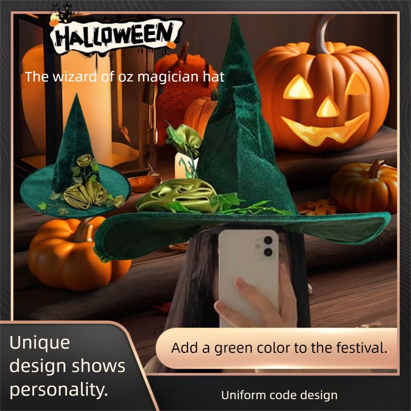 A Halloween Party Hat Witch Hat Artificial Flower Clothing Accessories Made of Polyester Fiber Green Magic Hat