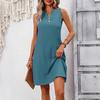 Women Casual Holiday Style Sleeveless V Neck Solid Color One Piece Dress