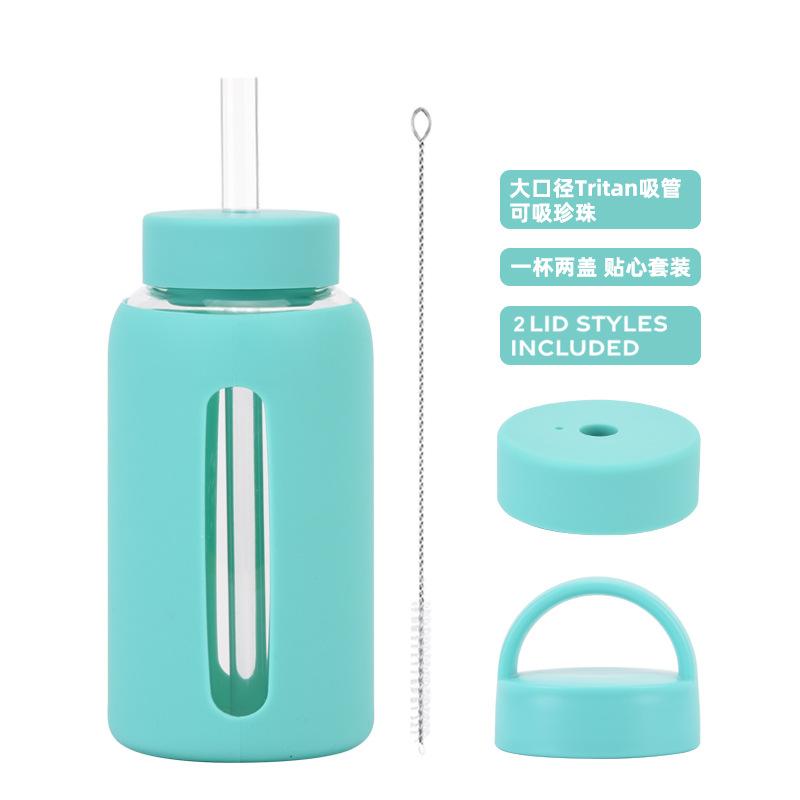 

600Ml Silicone Cover Glass Water Cup, Double Cover Suction Pearl Outdoor Portable Water Cup 600ml тиффани синий