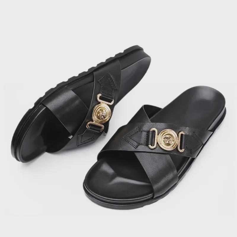 Men's Trendy Genuine Leather Outdoor Cross Sandals: 2024 Summer Soft-Soled Flip Flops