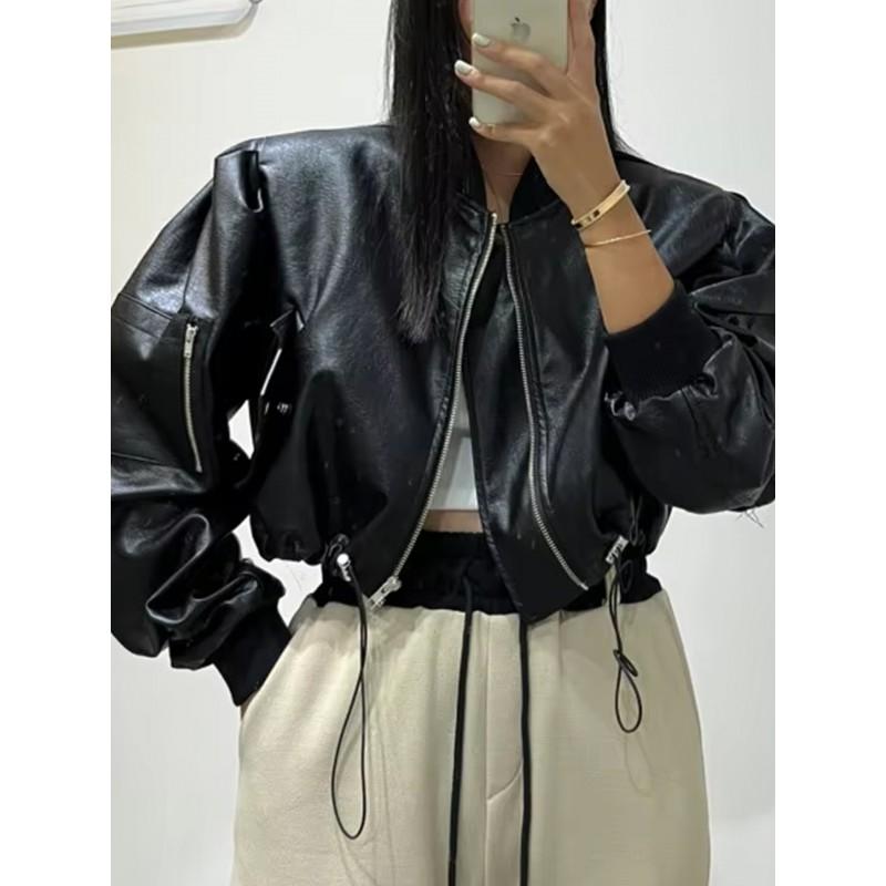 Womens Short PU Leather Bomber Jacket With Ribbed Stand Collar Zip Front Multiple Pockets Loose Fit Urban Casual Style