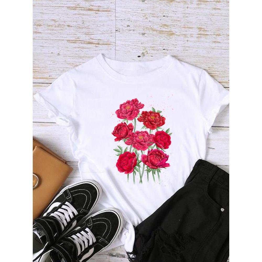 Style Flower Trend Clothing Graphic T-shirts Lady Short Sleeve T Shirt Women Print Female Fashion Clothes Casual Tee