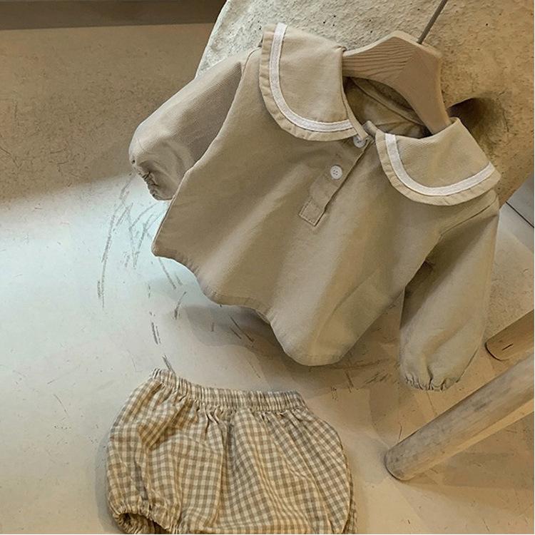 2024 Autumn Korean Navy Plaid Top & Shorts Set for Boys and Girls