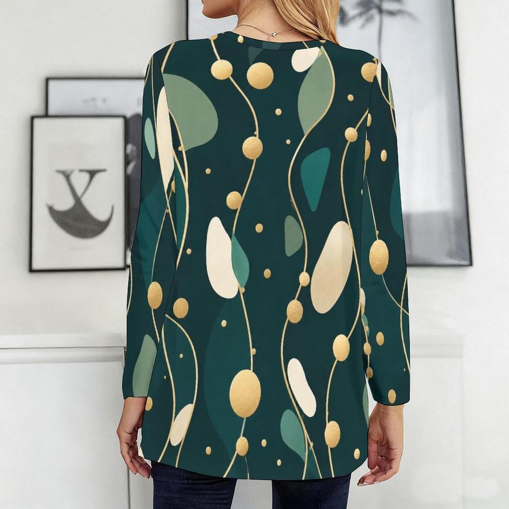 Women Plus Size Round Neck Long Sleeve Black Printed Loose Longline T Shirt With Pockets