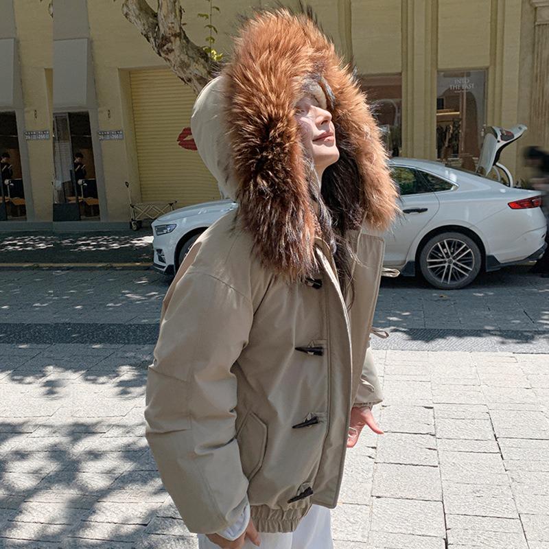 New Horn Buckle Hooded Big Fur Collar Down Cotton Clothes Women's Retro Pie Overcomes Winter Thickened Coat Students